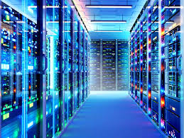 Data center server room with rows of racks